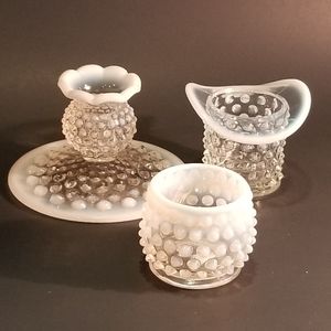 HOBNAIL OPALESCENT CANDLE HOLDER SET OF 3